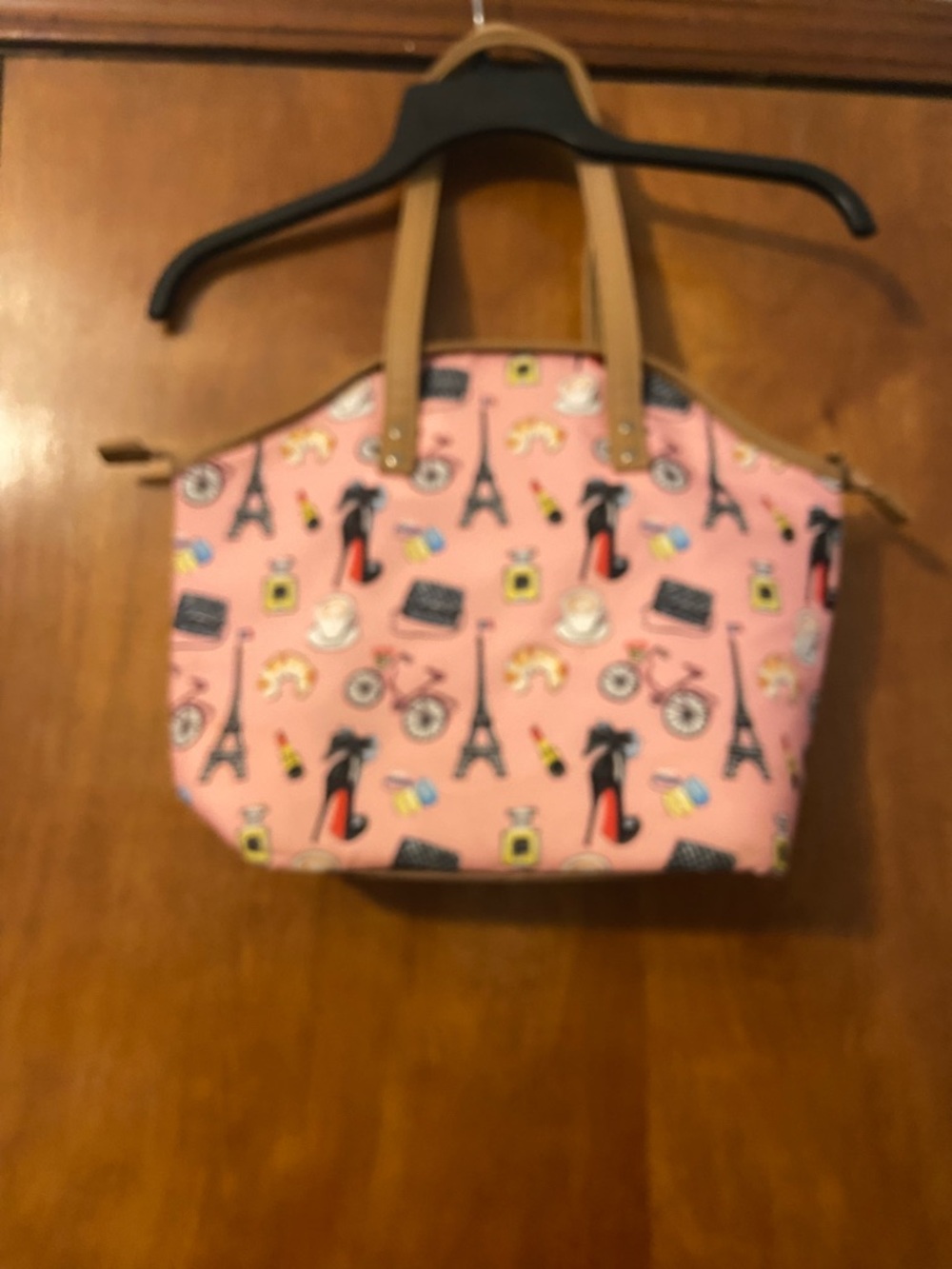 Pink Parisian-Print Tote with Tan Handles by Rongrong - Picture 2 of 4